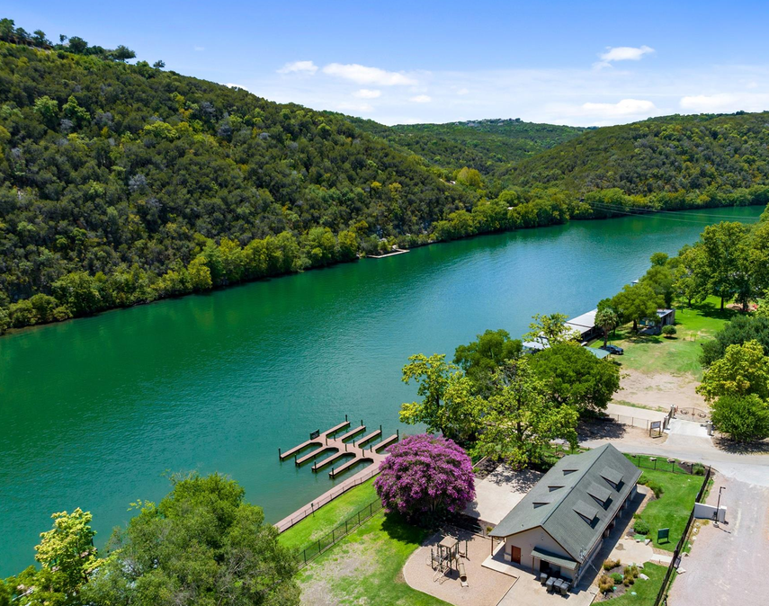 Aerial view of Lake Austin along the Steiner Ranch shoreline