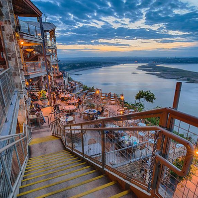 The Oasis restaurant patio at sunset on Lake Travis